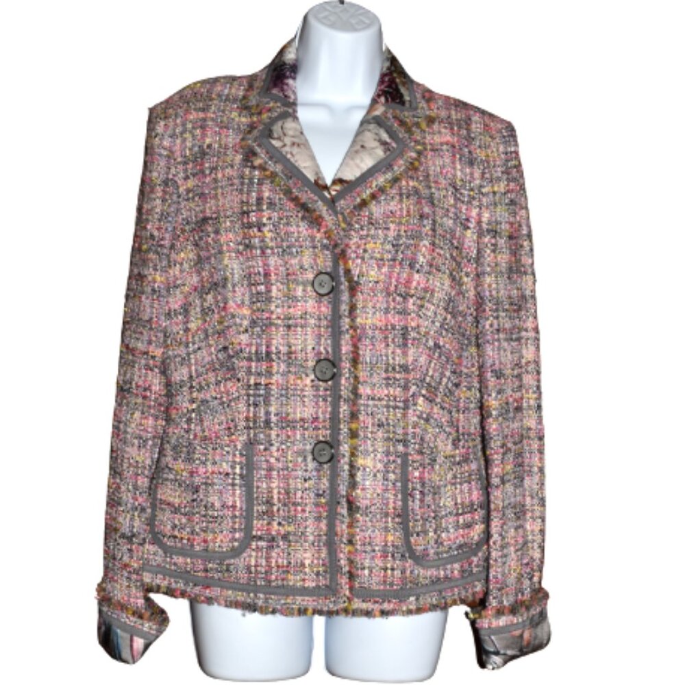 Basler Women’s Pink Gray Tweed Blazer Small-Medium Fun Vibrant Print Jacket